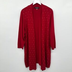 Kasper Tunic Cardigan Sweater Plus Size 1X Red Gold Studded 3/4 Sleeves Knit New